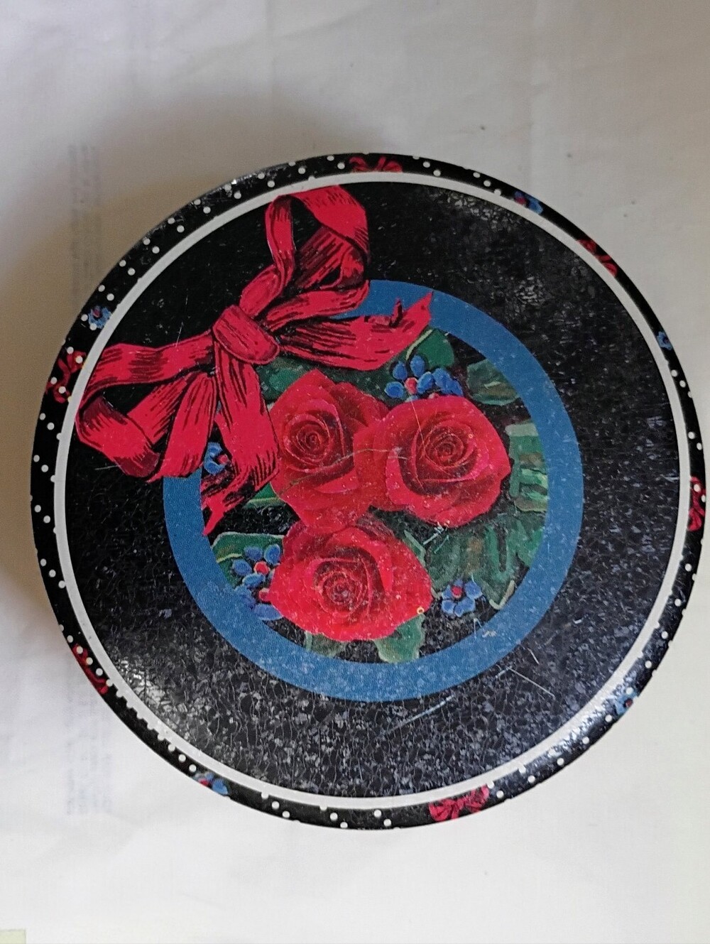 Vintage Nobel Hall Tin Roses Dots Red Ribbon  Round Tin Trinket Box.  #roses